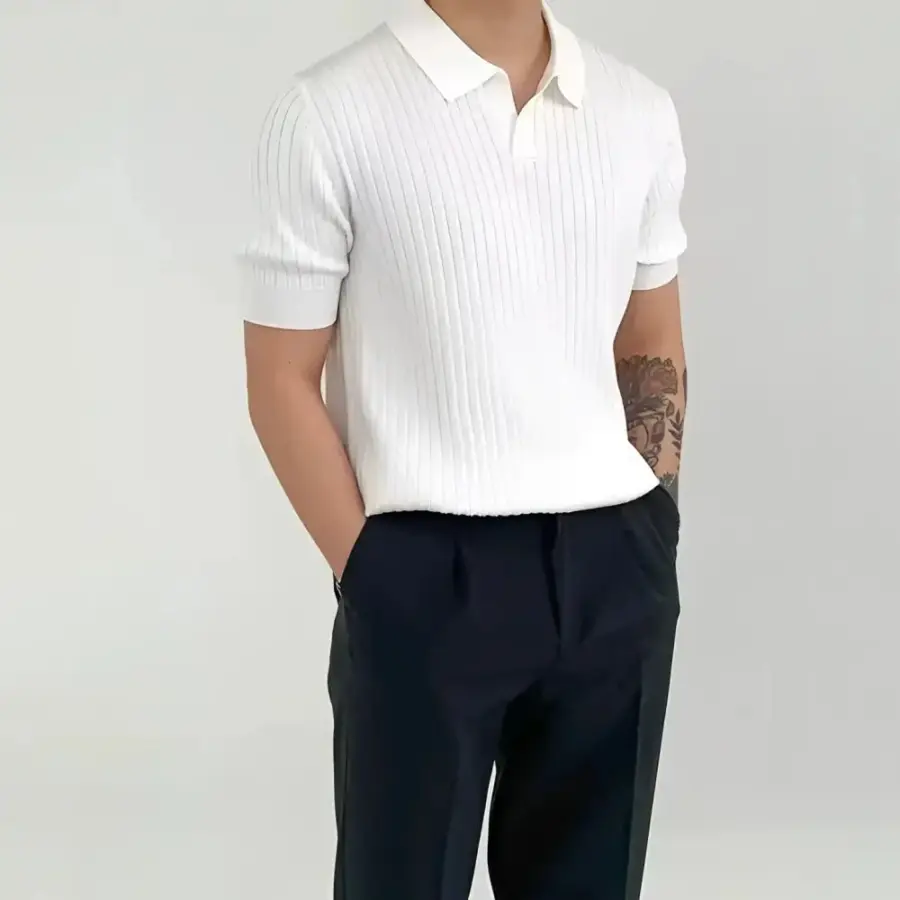 V-Neck Ribbed Knit Polo