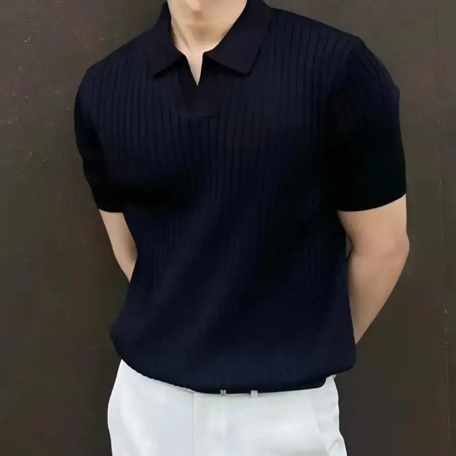 V-Neck Ribbed Knit Polo