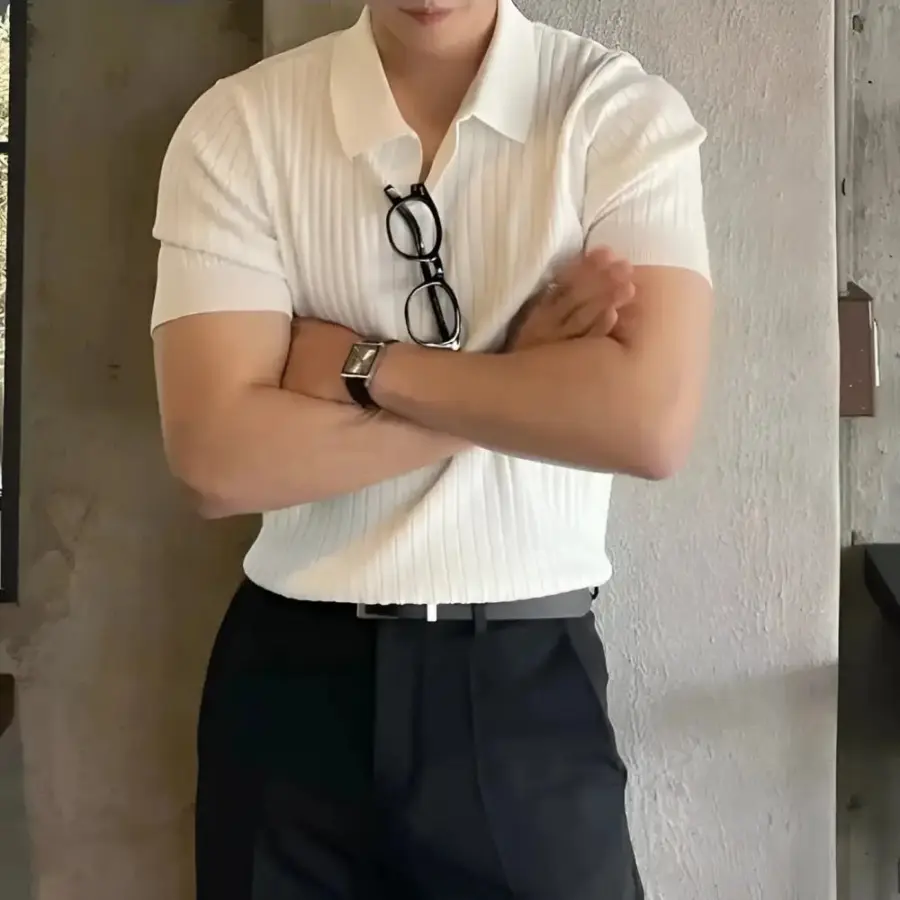 V-Neck Ribbed Knit Polo