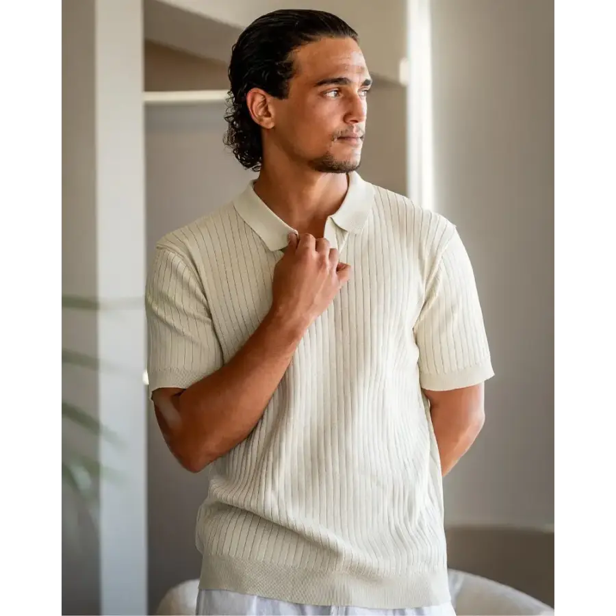 Textured polo back view, relaxed silhouette, short sleeves