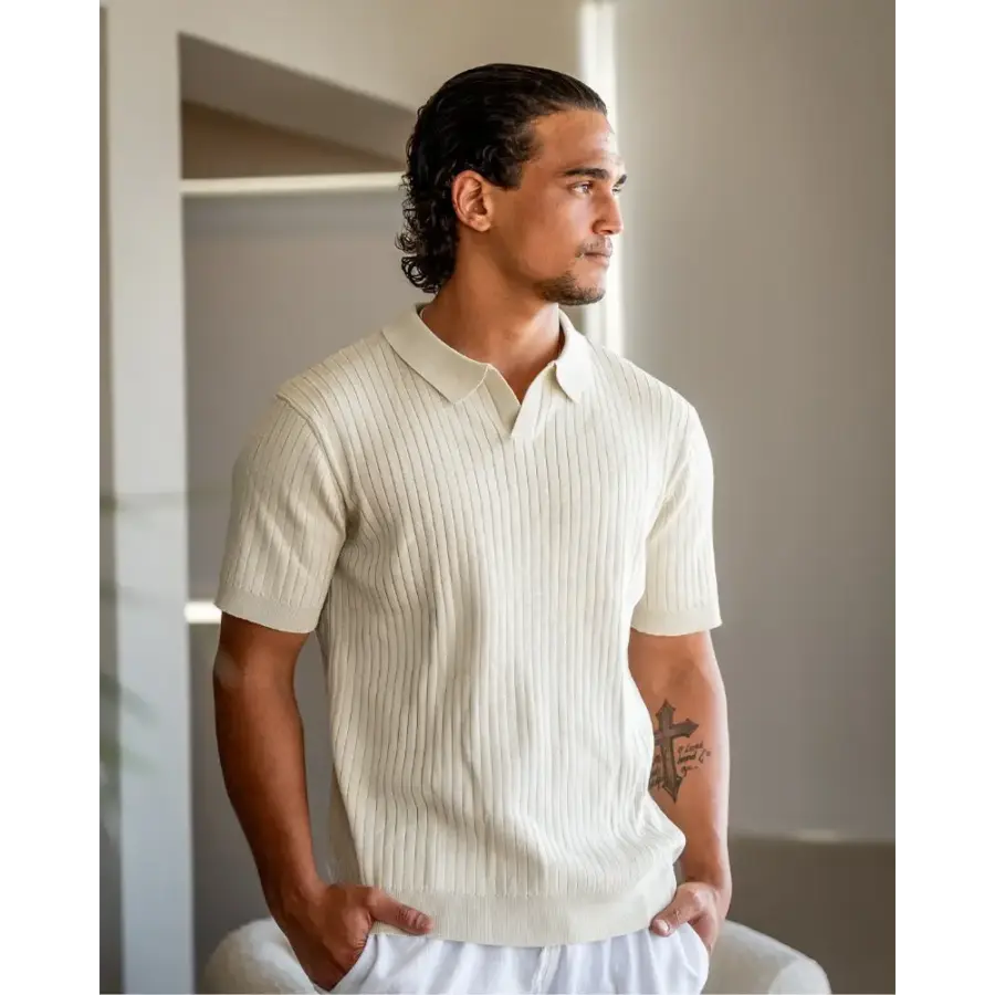Textured polo front view, ribbed knit cotton, classic collar