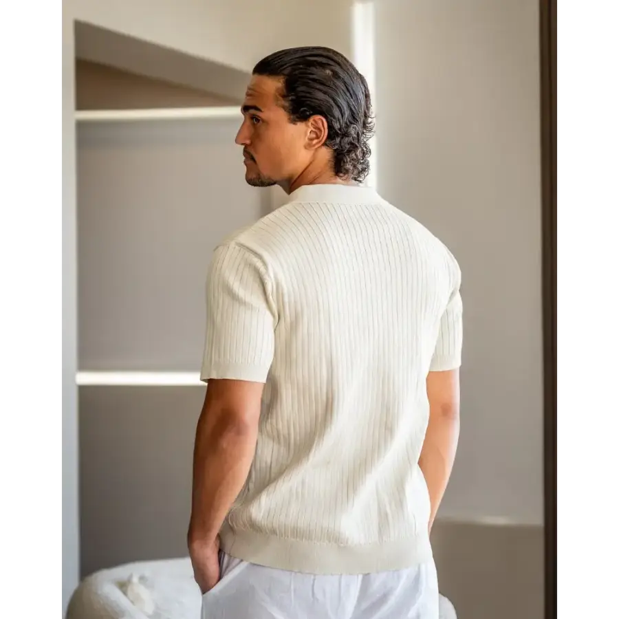 Textured polo detail shot showing vertical ribbing and fabric weight