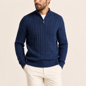 Cable knit half-zip sweater in marine, front view