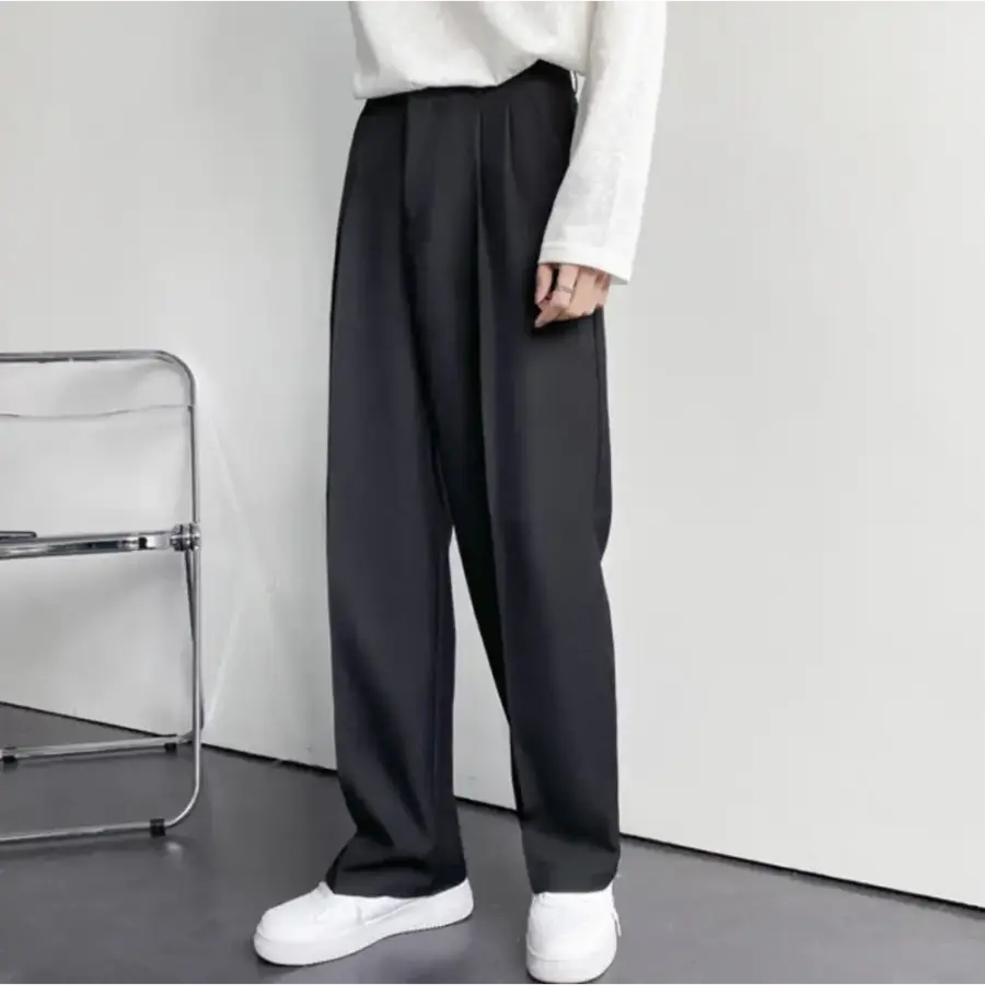 Full-length view relaxed trousers black, straight-leg drape