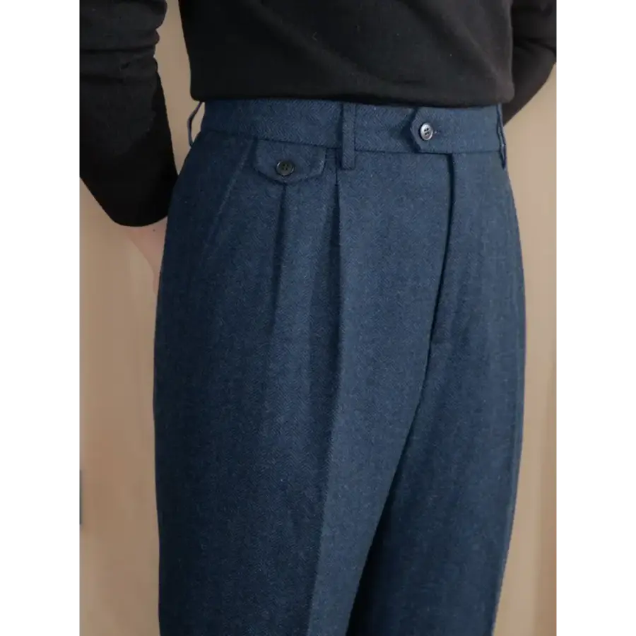 Wool Blend Pleated Trousers - Navy Blue / 29